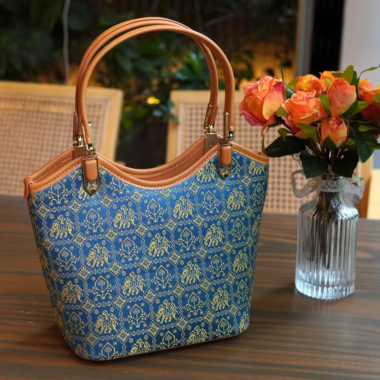 Zhuang | Loom Blue and Gold Totem Zhuang Brocade Handbag Intangible Cultural Heritage Handmade Women's Bag Large Capacity Fashion Item