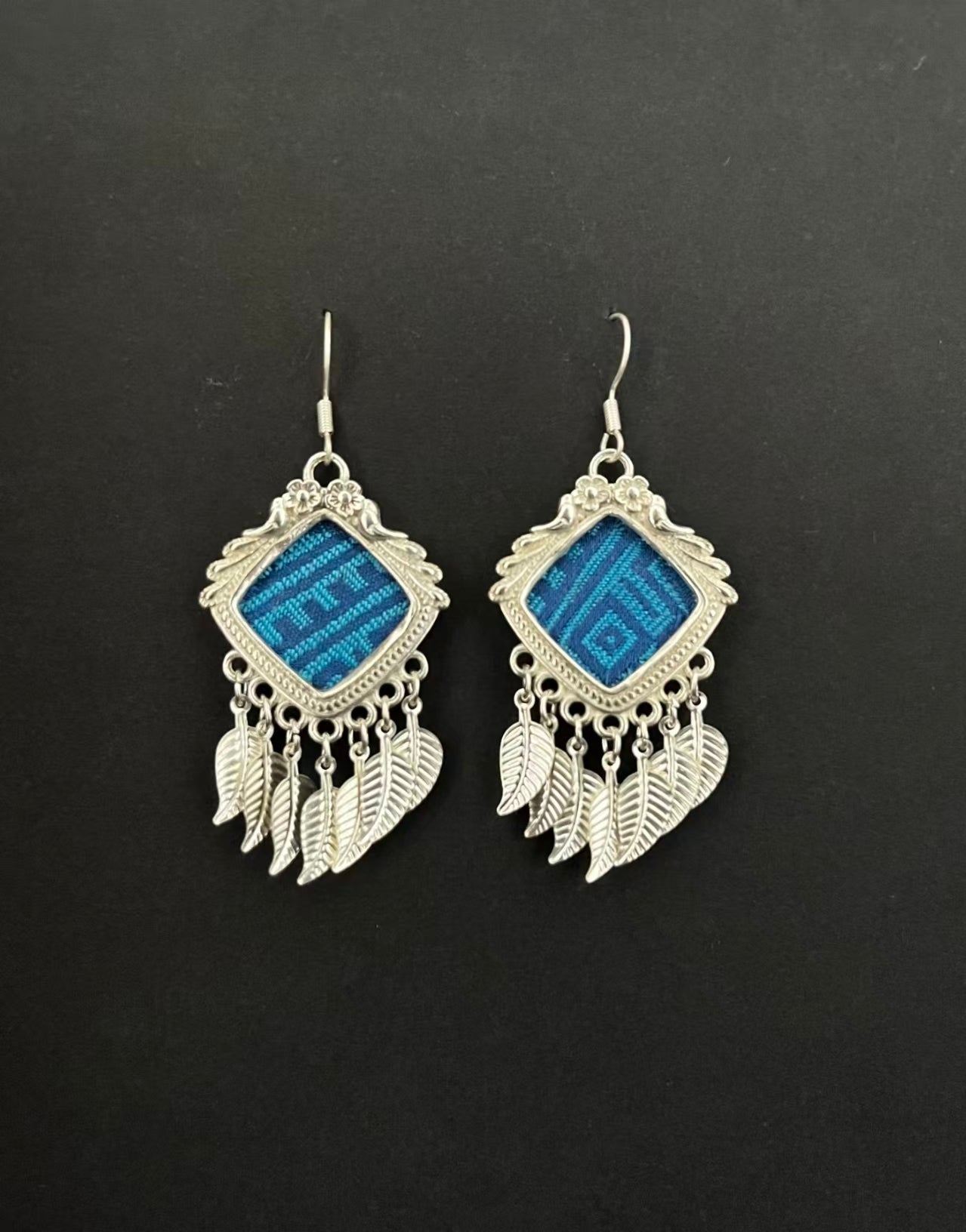 Handmade Zhuang Brocade Earrings | Blue Ethnic Weave Silver Jewelry