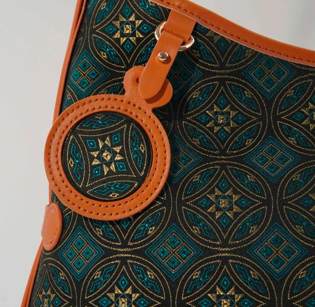 Handmade Zhuang Brocade Handbag with Songcaiwen Pattern | Ethnic Artisan Crafted Tote Bag for Women