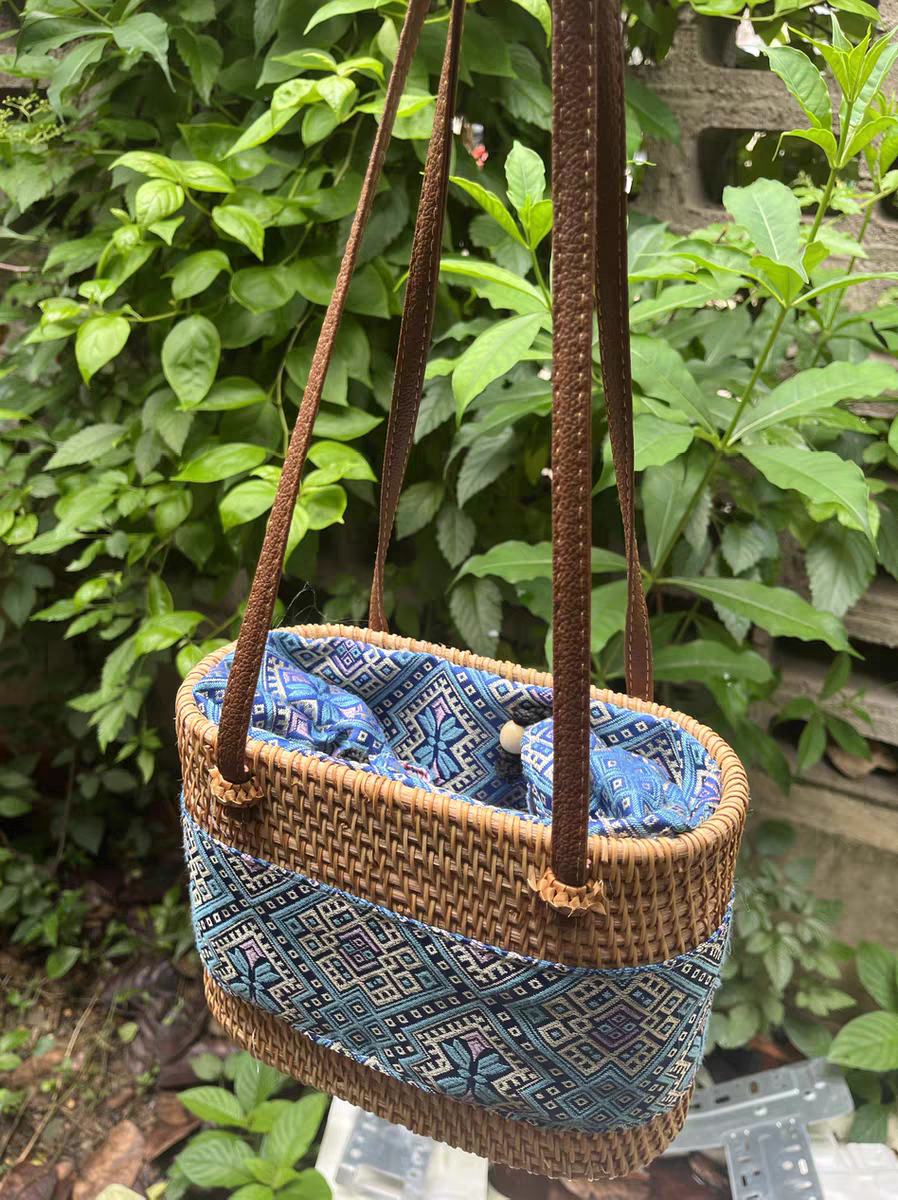 Handmade Rattan & Zhuang Brocade Tote Bag | Artisan-Crafted Ethnic Woven Shoulder Bag with Cultural Pattern
