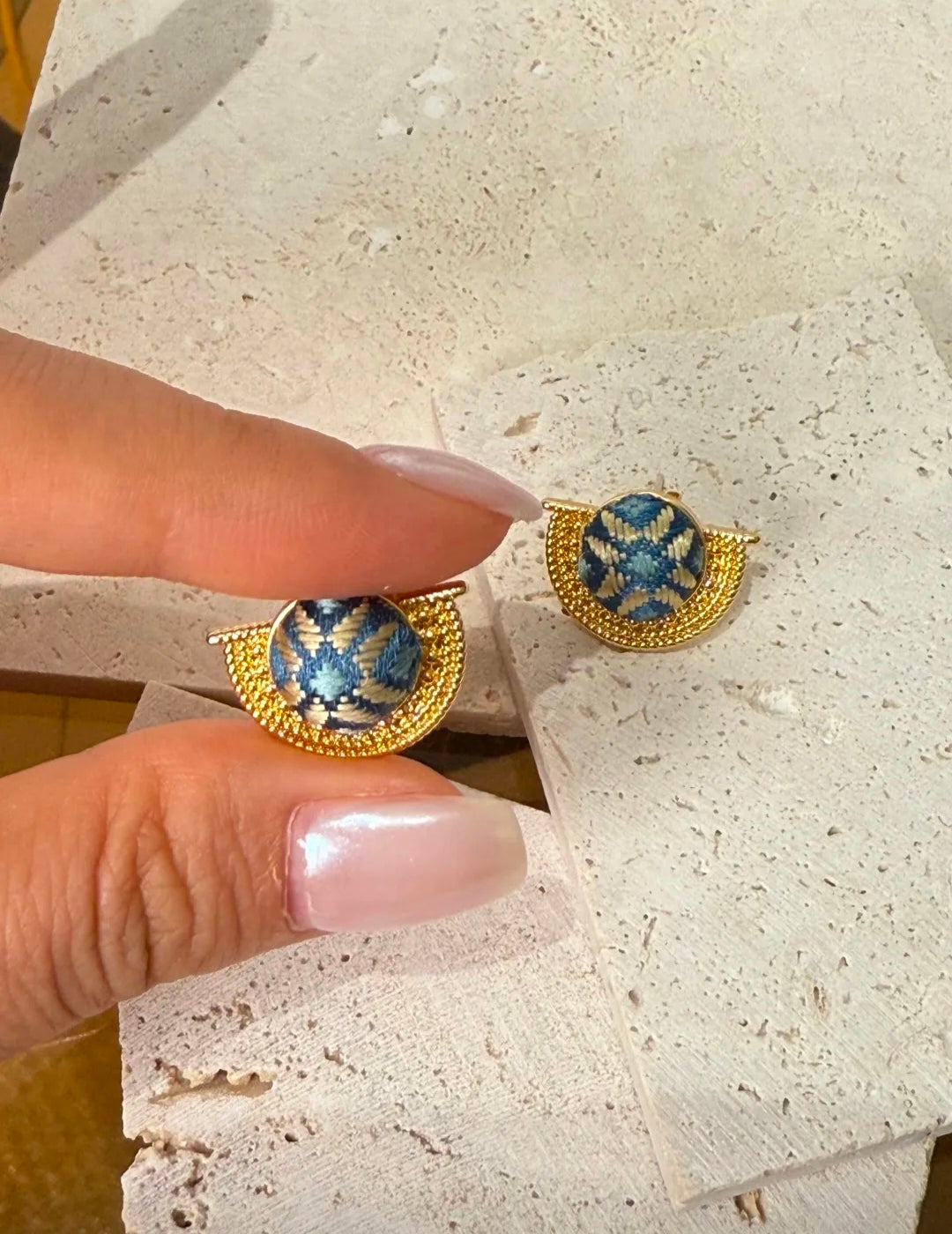 Handmade Zhuang Brocade Stud Earrings with 925 Silver | Artisan-Crafted "Eternal Union" Ethnic Jewelry