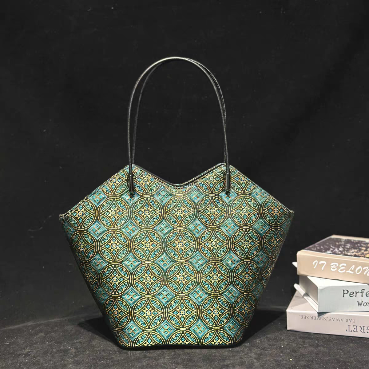 Handmade Zhuang Brocade Geometric Tote Bag | Artisan-Crafted Ethnic Shoulder Bag with Teal & Gold Pattern