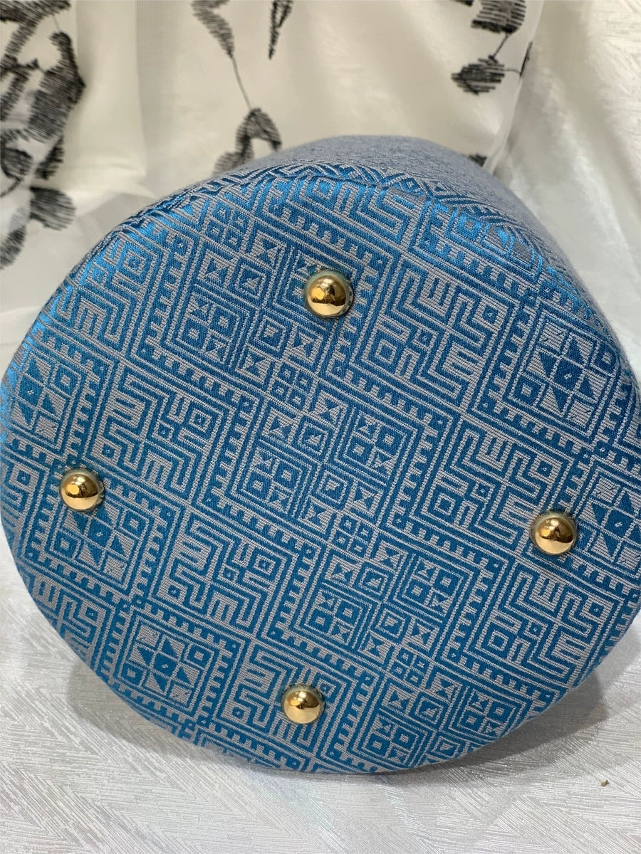 Handmade Zhuang Brocade Bunny-Ear Bucket Bag | Artisan-Crafted Ethnic Crossbody Bag with Pearl Accent