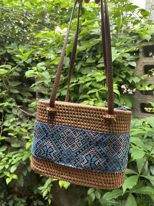 Handmade Rattan & Zhuang Brocade Tote Bag | Artisan-Crafted Ethnic Woven Shoulder Bag with Cultural Pattern