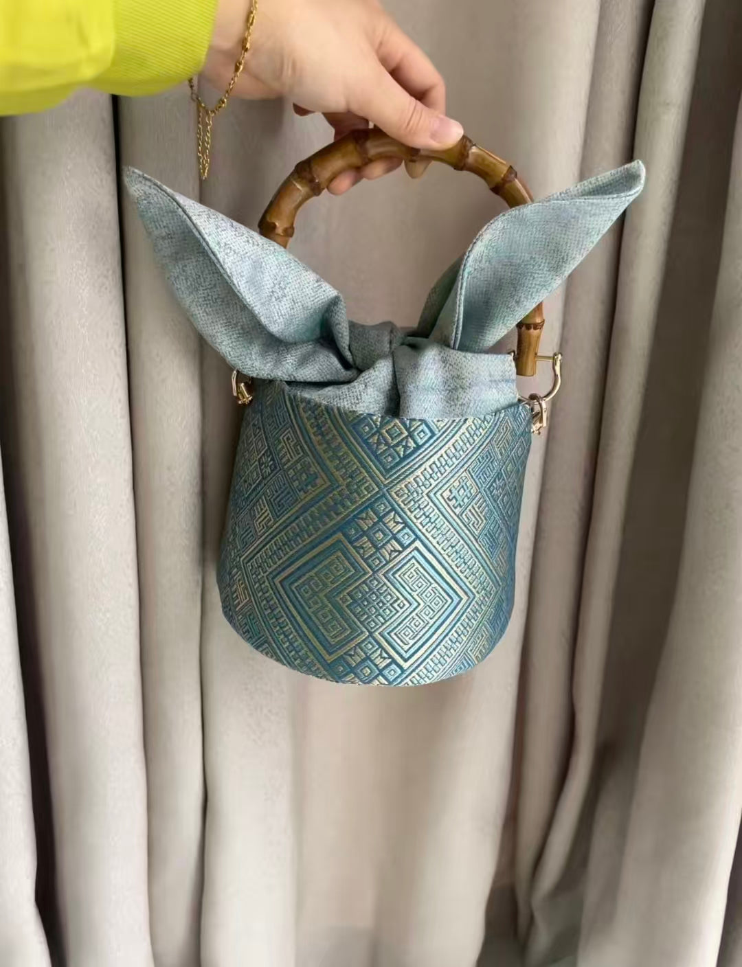 Zhuang | Loom Cute Rabbit Ear Zhuang Brocade Bucket Bag with Bamboo Handle Intangible Cultural Heritage Fashion Item