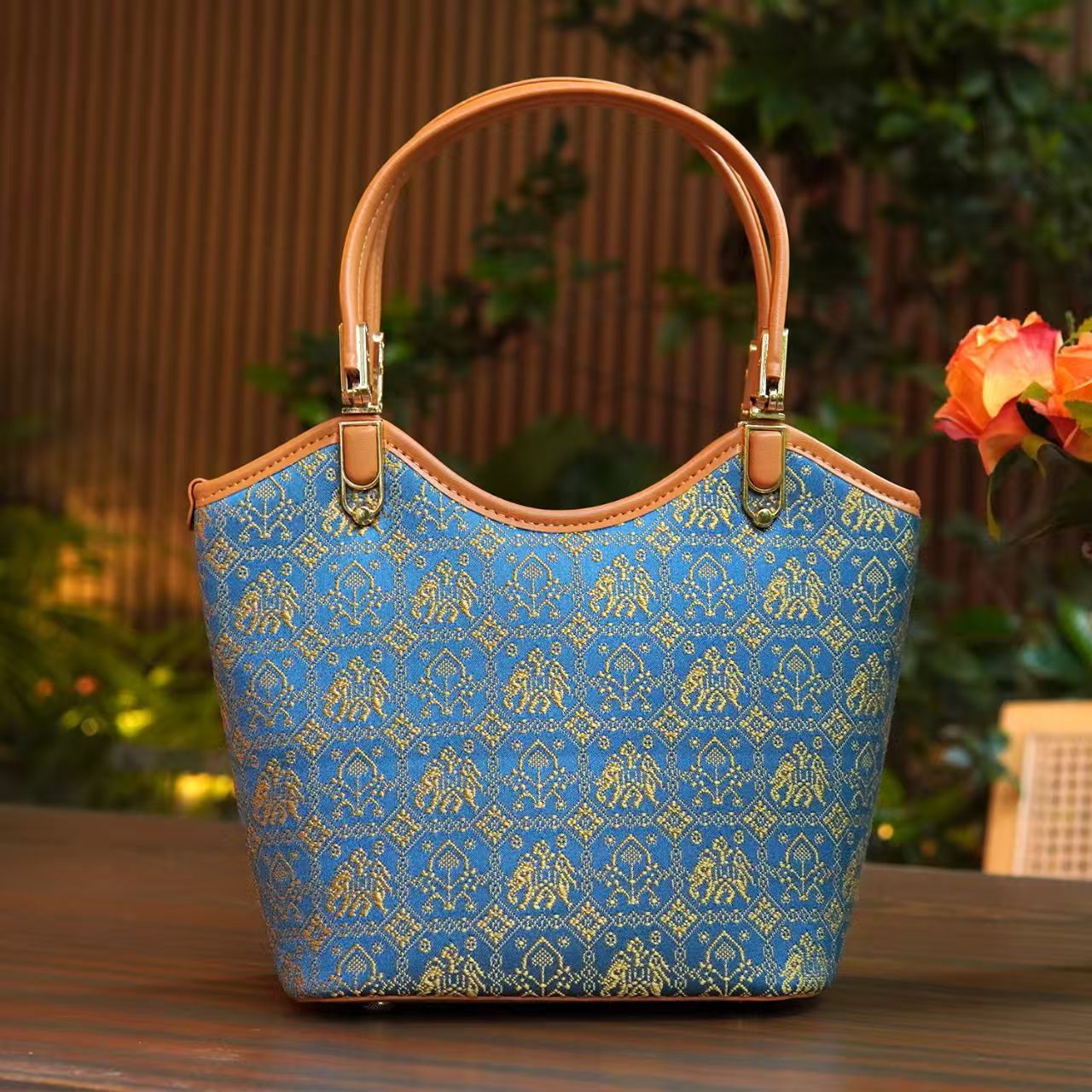 Zhuang | Loom Blue and Gold Totem Zhuang Brocade Handbag Intangible Cultural Heritage Handmade Women's Bag Large Capacity Fashion Item