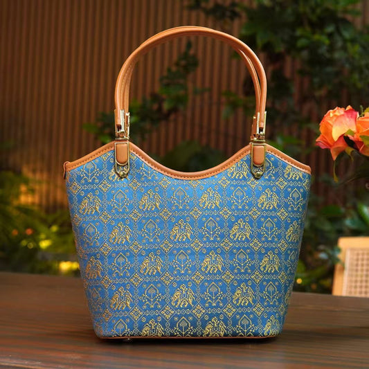 Zhuang | Loom Blue and Gold Totem Zhuang Brocade Handbag Intangible Cultural Heritage Handmade Women's Bag Large Capacity Fashion Item