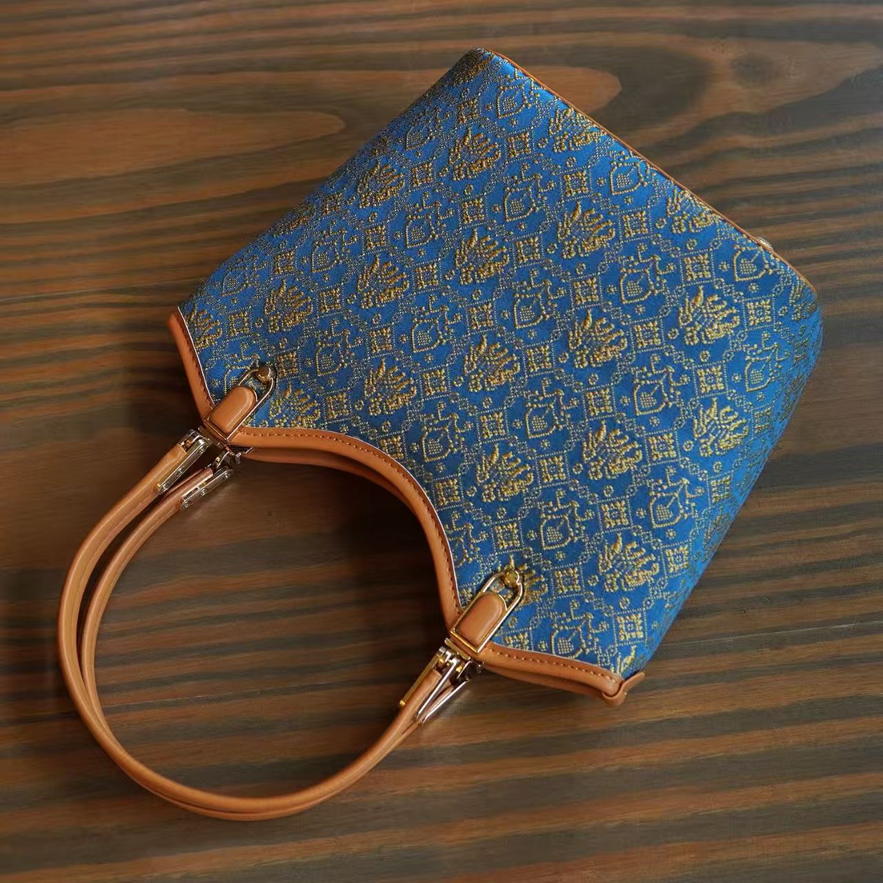 Zhuang | Loom Blue and Gold Totem Zhuang Brocade Handbag Intangible Cultural Heritage Handmade Women's Bag Large Capacity Fashion Item