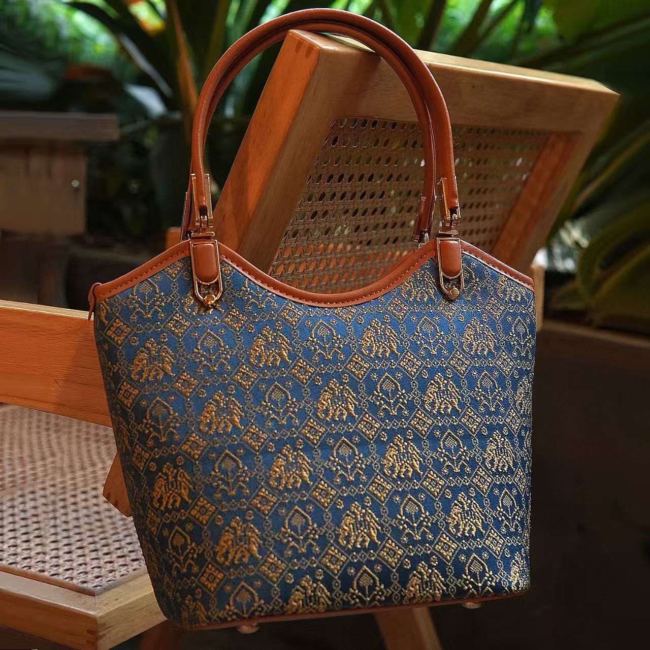 Zhuang | Loom Blue and Gold Totem Zhuang Brocade Handbag Intangible Cultural Heritage Handmade Women's Bag Large Capacity Fashion Item