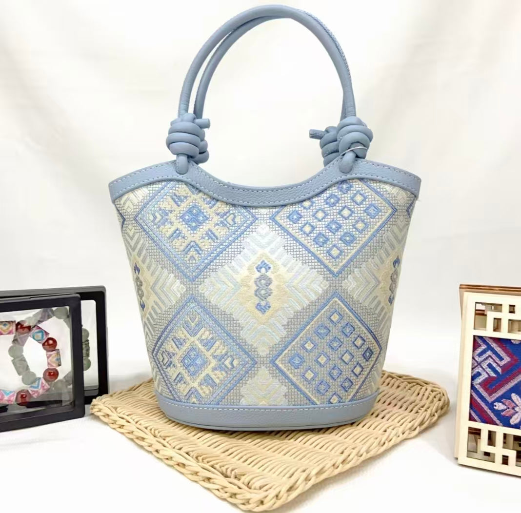 Zhuang | Loom Blue - Toned Knotted Zhuang Brocade Handbag Intangible Cultural Heritage Handmade Women's Bag Retro Fashion Versatile Item