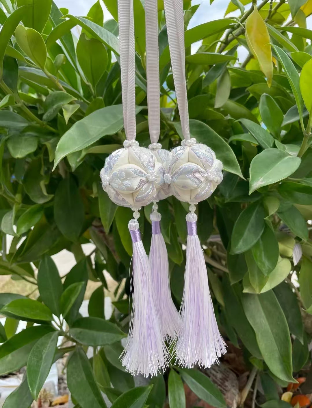 Handmade Zhuang Brocade Temari Ball Ornament | Lavender Tassel Silk Ribbon Hanging Decor