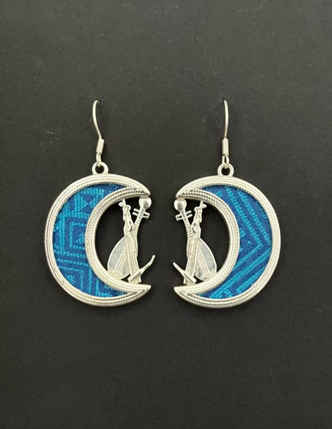 Handmade Zhuang Brocade Earrings | Blue Ethnic Weave Silver Jewelry