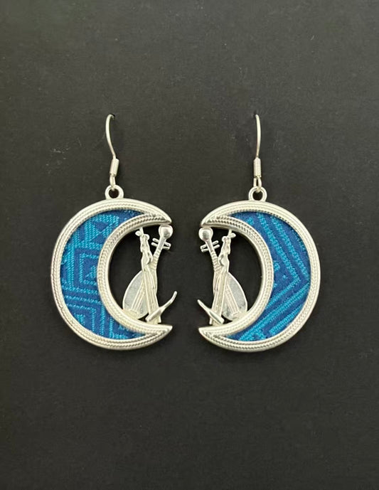 Handmade Zhuang Brocade Earrings | Blue Ethnic Weave Silver Jewelry
