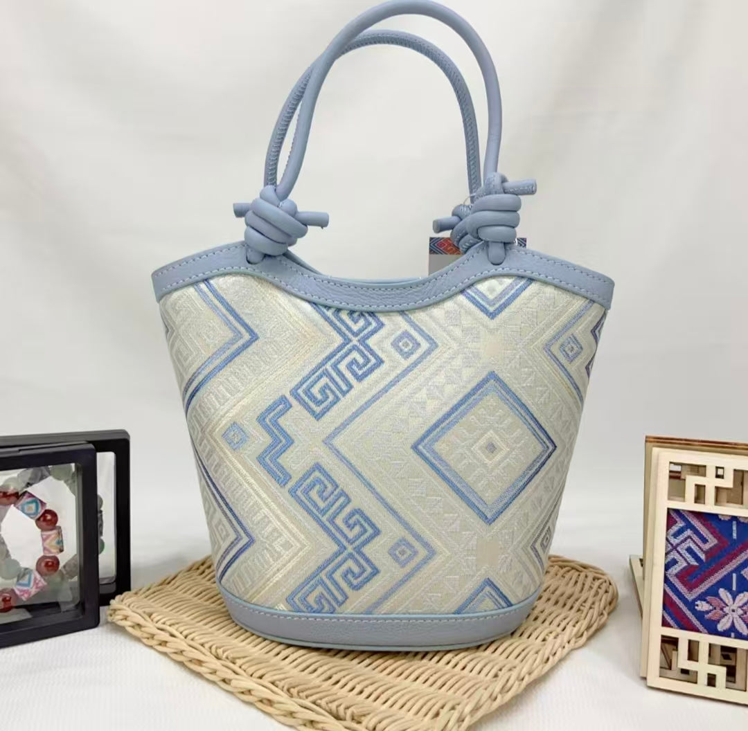 Zhuang | Loom Blue - Toned Knotted Zhuang Brocade Handbag Intangible Cultural Heritage Handmade Women's Bag Retro Fashion Versatile Item