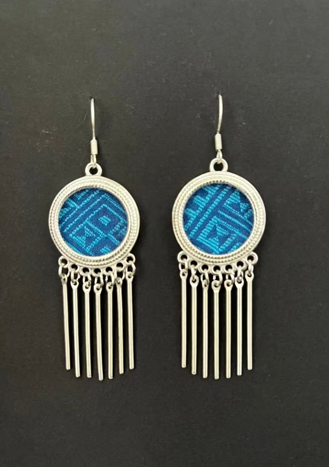 Handmade Zhuang Brocade Earrings | Blue Ethnic Weave Silver Jewelry