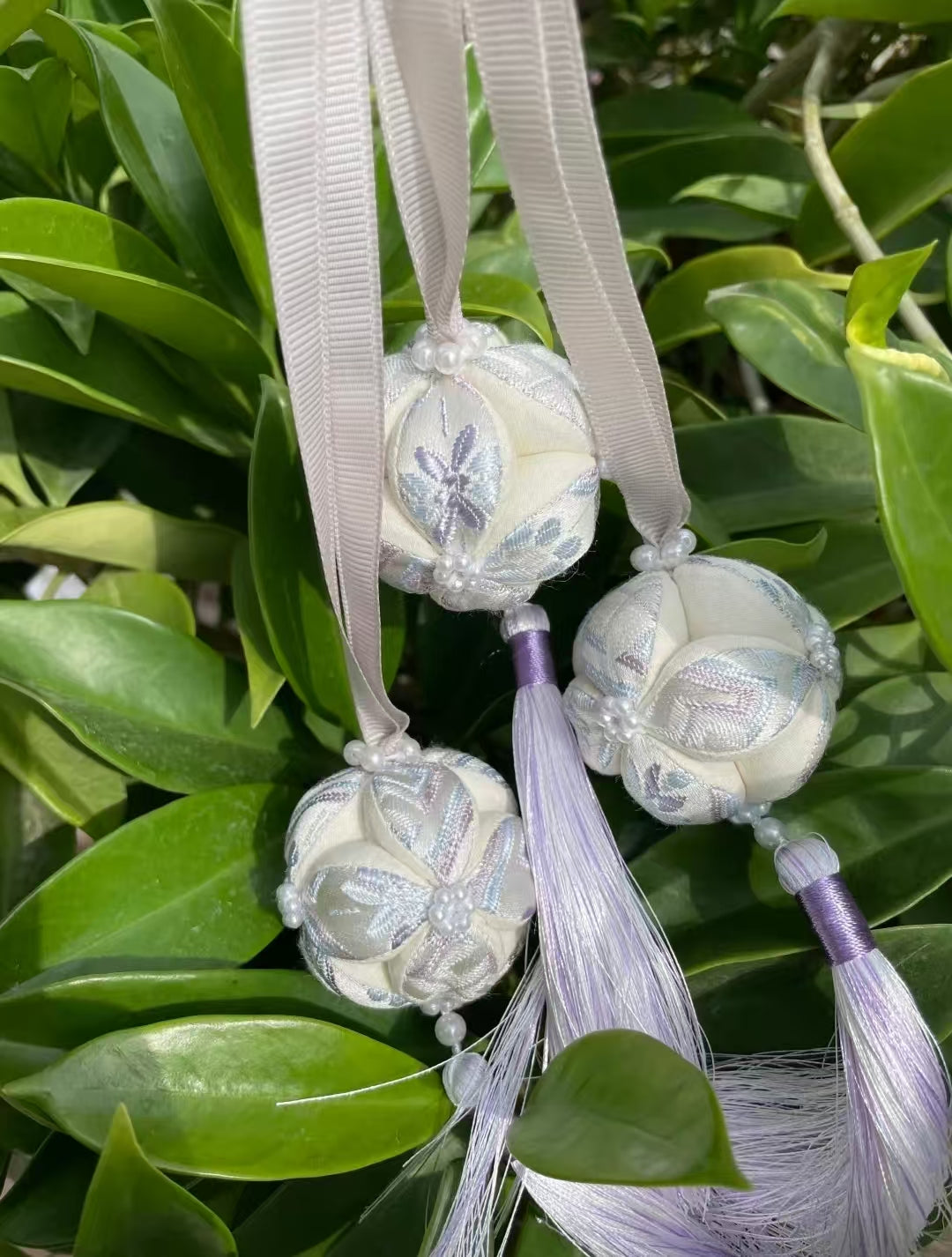 Handmade Zhuang Brocade Temari Ball Ornament | Lavender Tassel Silk Ribbon Hanging Decor