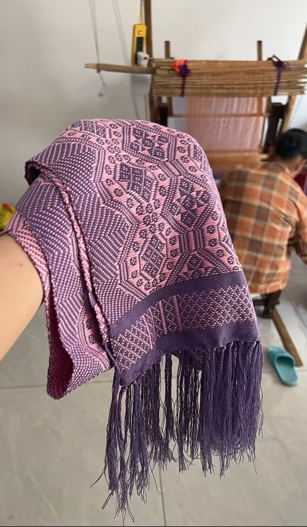 Zhuang | Loom Handwoven Zhuang Brocade Scarf by Zhuang Artisans Pink Purple Intangible Cultural Heritage Fashion Item
