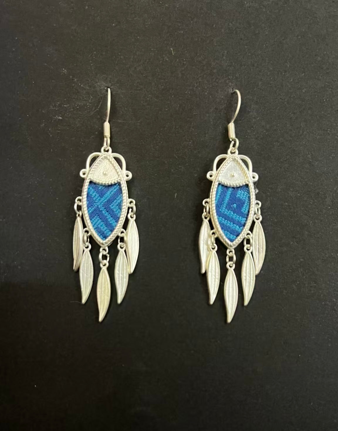 Handmade Zhuang Brocade Earrings | Blue Ethnic Weave Silver Jewelry