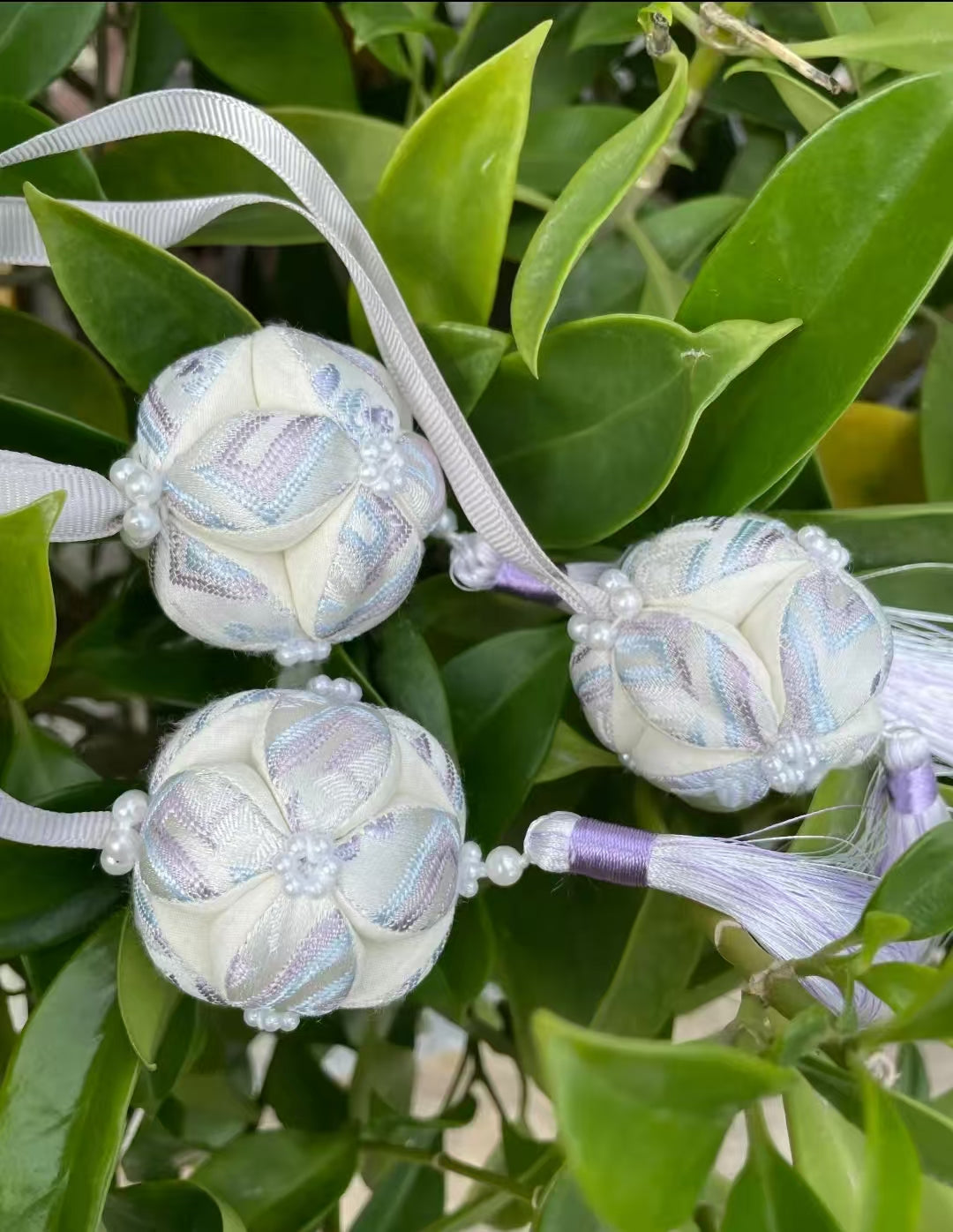 Handmade Zhuang Brocade Temari Ball Ornament | Lavender Tassel Silk Ribbon Hanging Decor