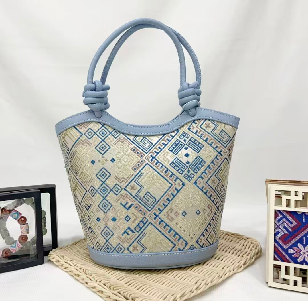 Zhuang | Loom Blue - Toned Knotted Zhuang Brocade Handbag Intangible Cultural Heritage Handmade Women's Bag Retro Fashion Versatile Item