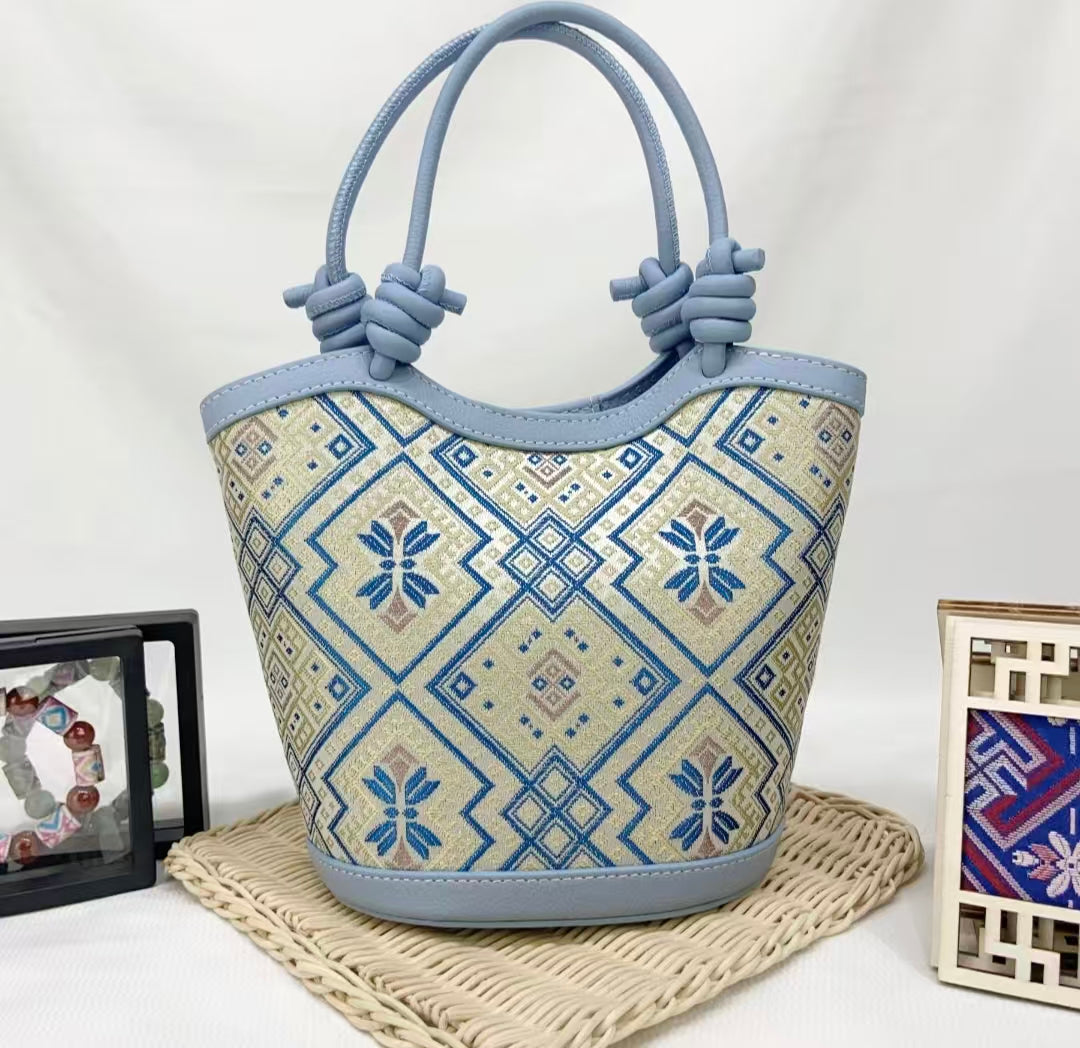 Zhuang | Loom Blue - Toned Knotted Zhuang Brocade Handbag Intangible Cultural Heritage Handmade Women's Bag Retro Fashion Versatile Item