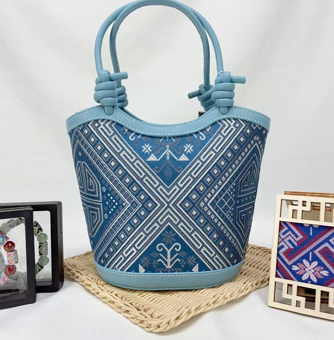 Zhuang | Loom Blue - Toned Knotted Zhuang Brocade Handbag Intangible Cultural Heritage Handmade Women's Bag Retro Fashion Versatile Item