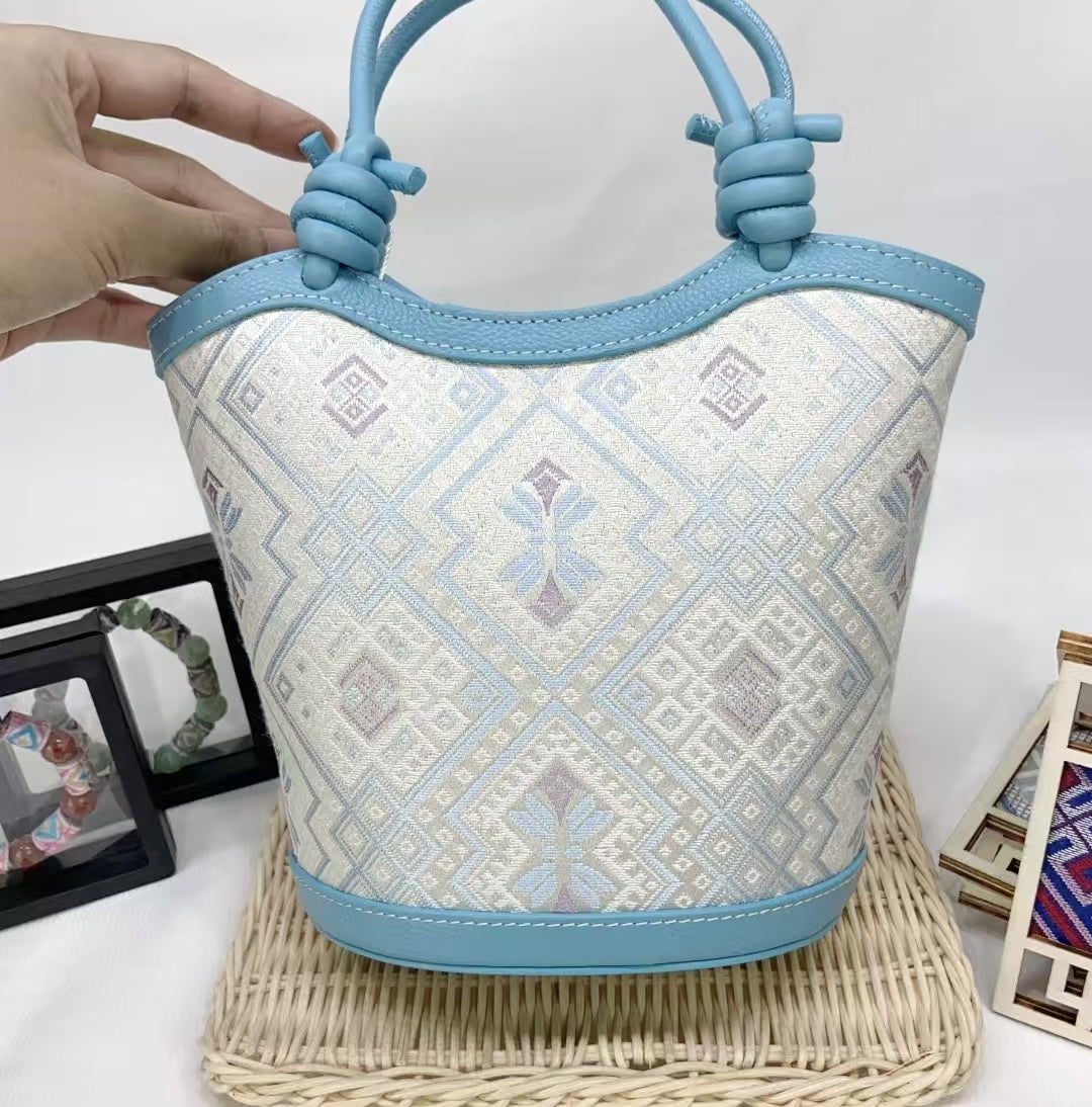 Zhuang | Loom Blue - Toned Knotted Zhuang Brocade Handbag Intangible Cultural Heritage Handmade Women's Bag Retro Fashion Versatile Item