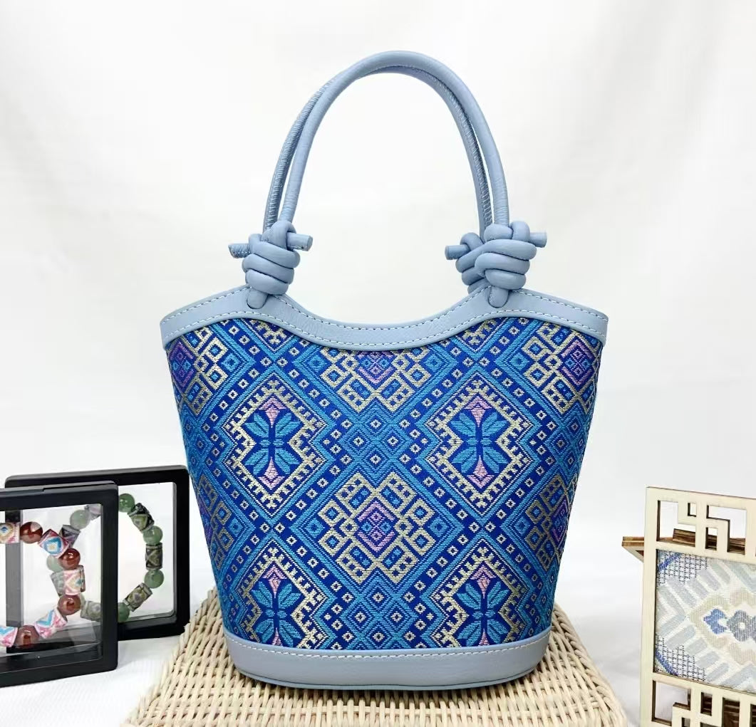 Zhuang | Loom Blue - Toned Knotted Zhuang Brocade Handbag Intangible Cultural Heritage Handmade Women's Bag Retro Fashion Versatile Item