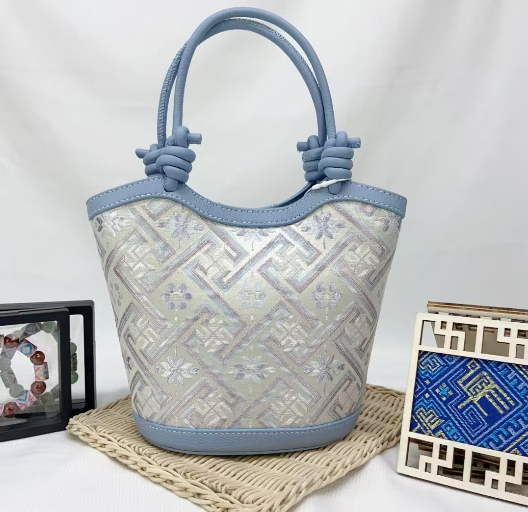 Zhuang | Loom Blue - Toned Knotted Zhuang Brocade Handbag Intangible Cultural Heritage Handmade Women's Bag Retro Fashion Versatile Item