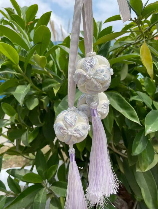 Handmade Zhuang Brocade Temari Ball Ornament | Lavender Tassel Silk Ribbon Hanging Decor