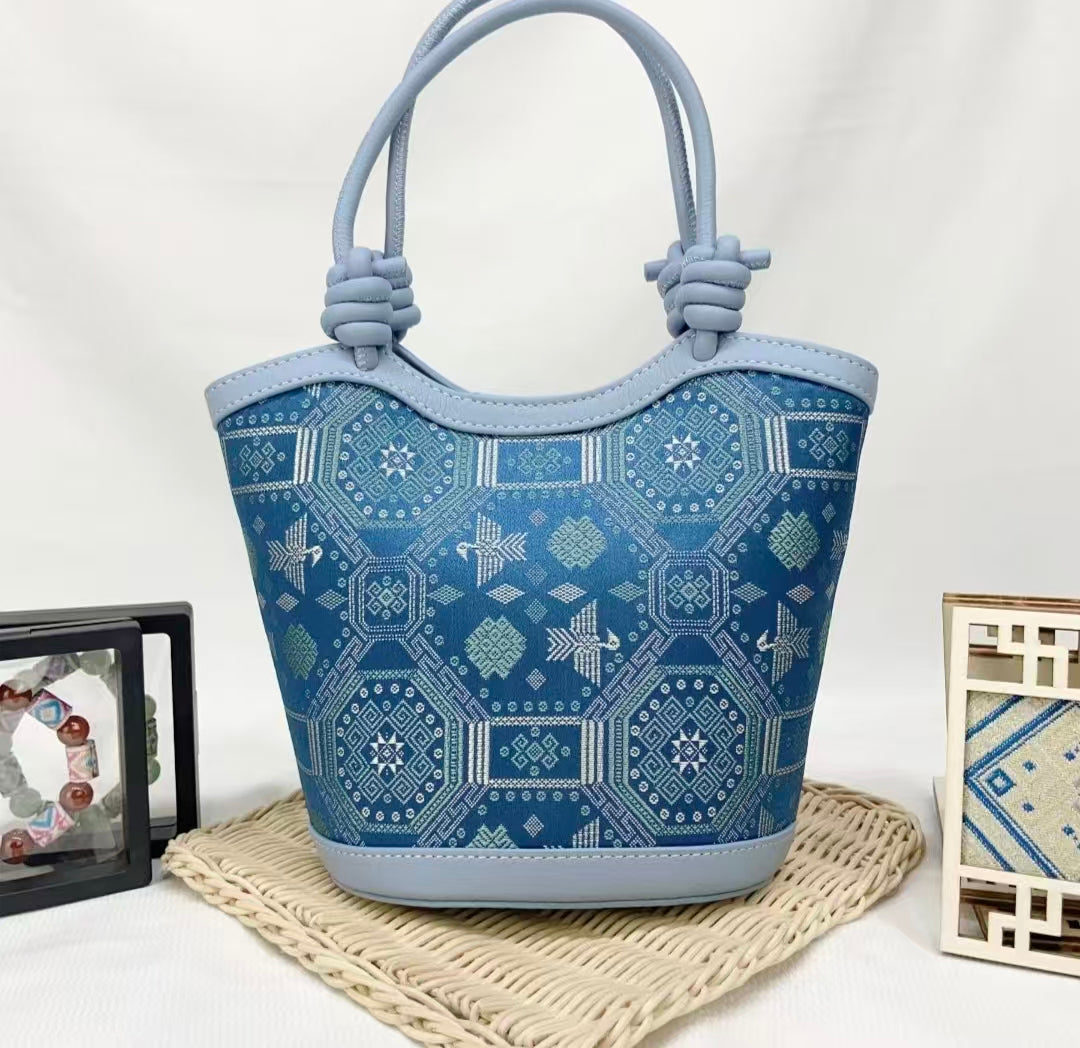 Zhuang | Loom Blue - Toned Knotted Zhuang Brocade Handbag Intangible Cultural Heritage Handmade Women's Bag Retro Fashion Versatile Item