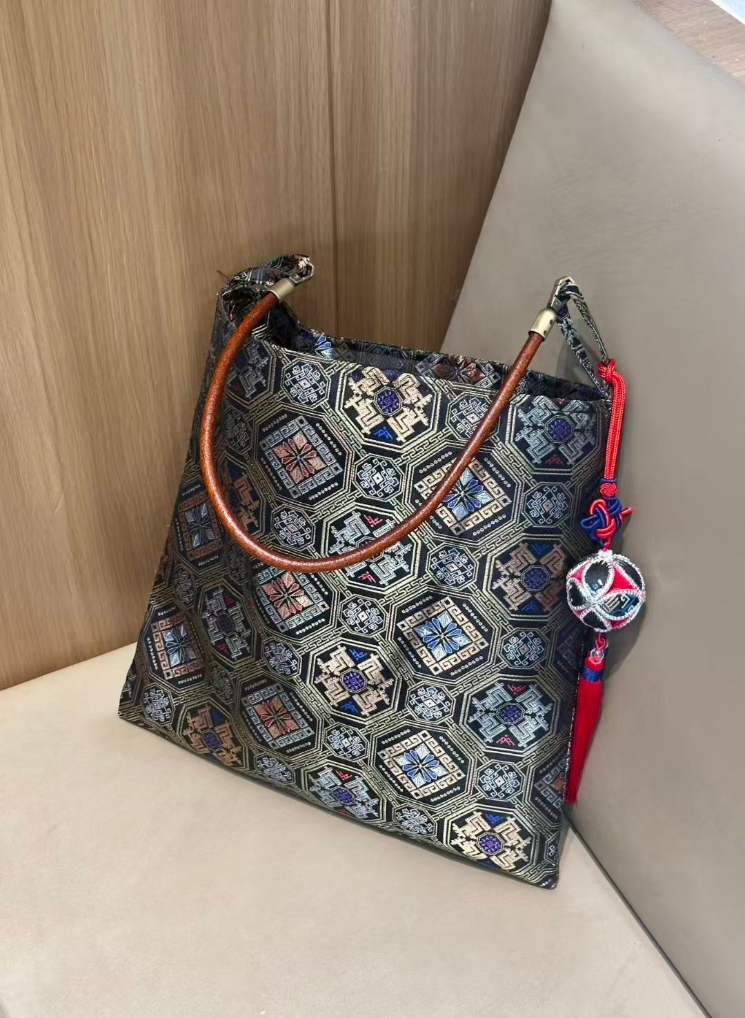 Zhuang Brocade Tote Bag | Intangible Cultural Heritage ‘Phoenix & Butterfly’ Pattern | Handmade Artisan Design