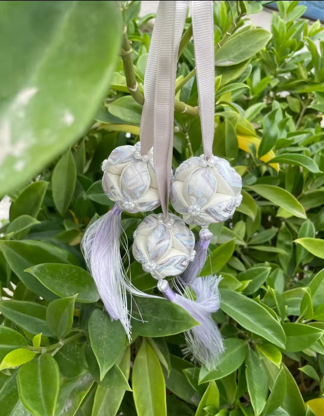 Handmade Zhuang Brocade Temari Ball Ornament | Lavender Tassel Silk Ribbon Hanging Decor