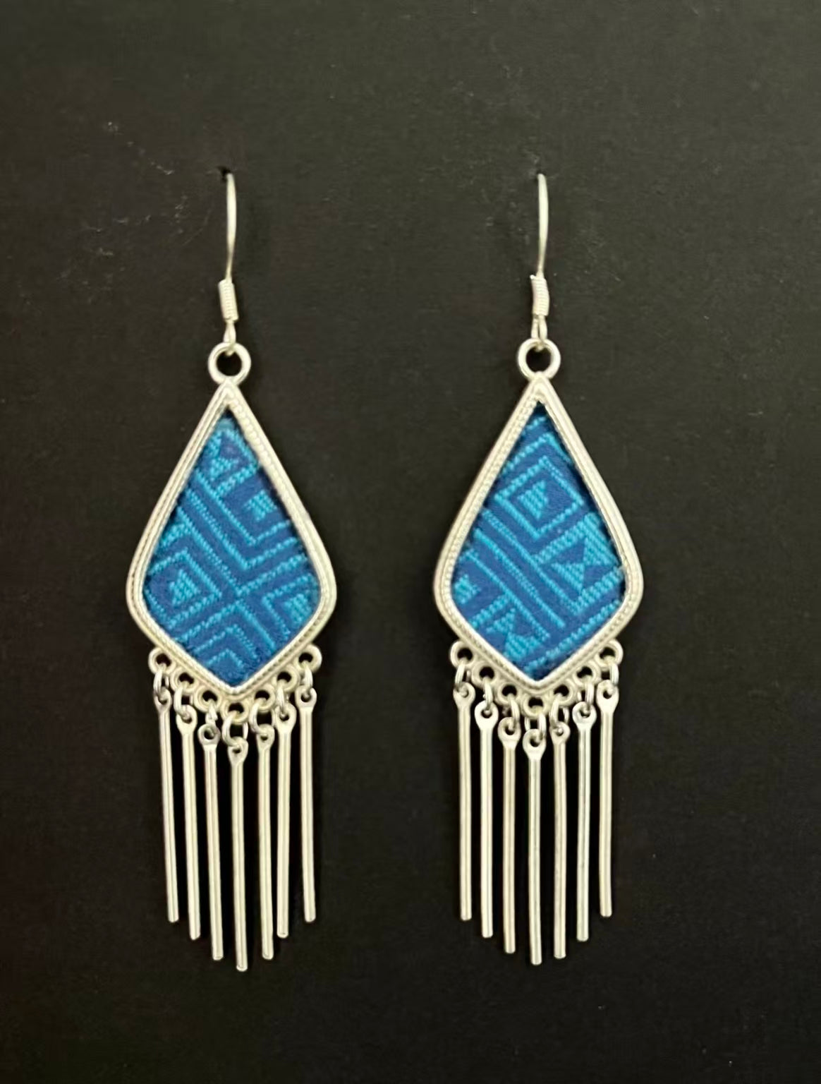 Handmade Zhuang Brocade Earrings | Blue Ethnic Weave Silver Jewelry