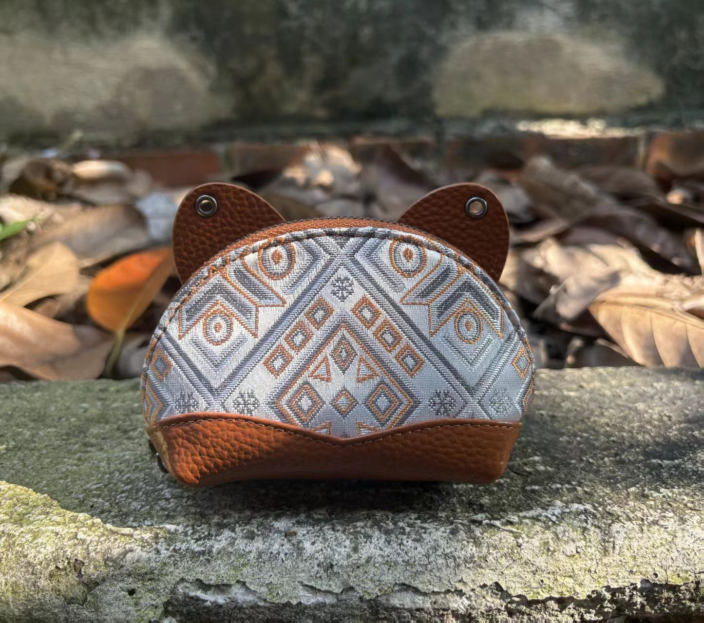 Handmade Zhuang Brocade Cat-Ear Crossbody Bag | Intangible Cultural Heritage Pattern | Mini Fashion Purse