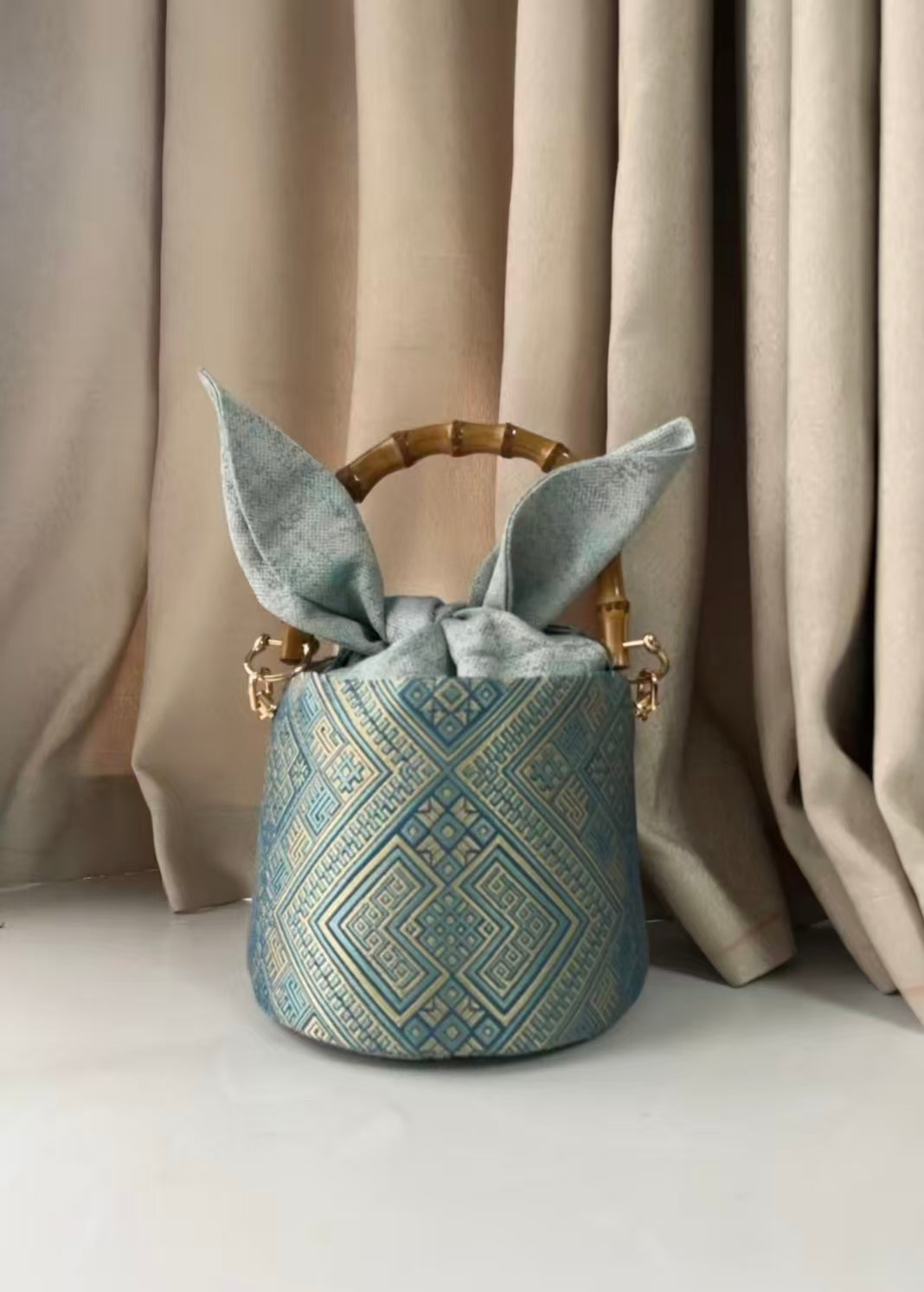 Zhuang | Loom Cute Rabbit Ear Zhuang Brocade Bucket Bag with Bamboo Handle Intangible Cultural Heritage Fashion Item