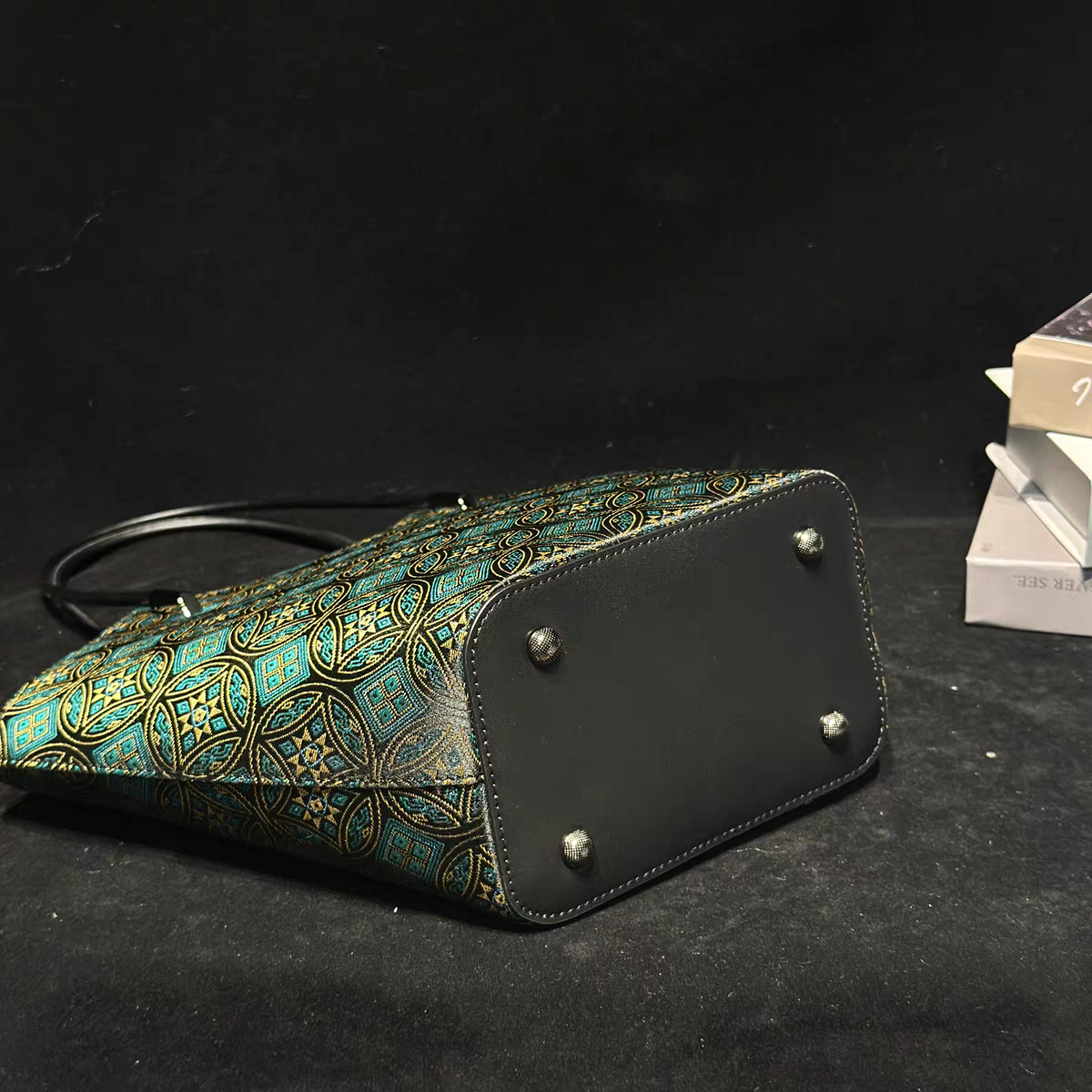 Handmade Zhuang Brocade Geometric Tote Bag | Artisan-Crafted Ethnic Shoulder Bag with Teal & Gold Pattern