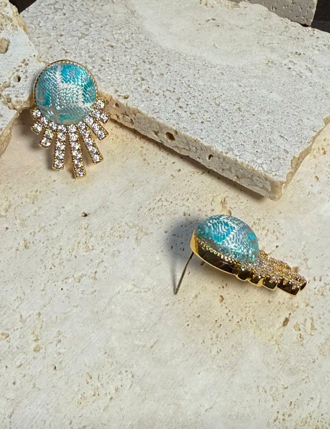 Handmade Zhuang Brocade Stud Earrings with Zircon Accents | Artisan-Crafted Ethnic Jewelry with Cultural Pattern