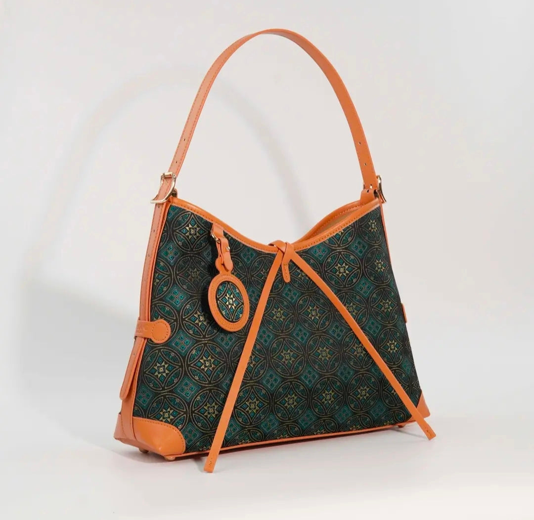 Handmade Zhuang Brocade Handbag with Songcaiwen Pattern | Ethnic Artisan Crafted Tote Bag for Women