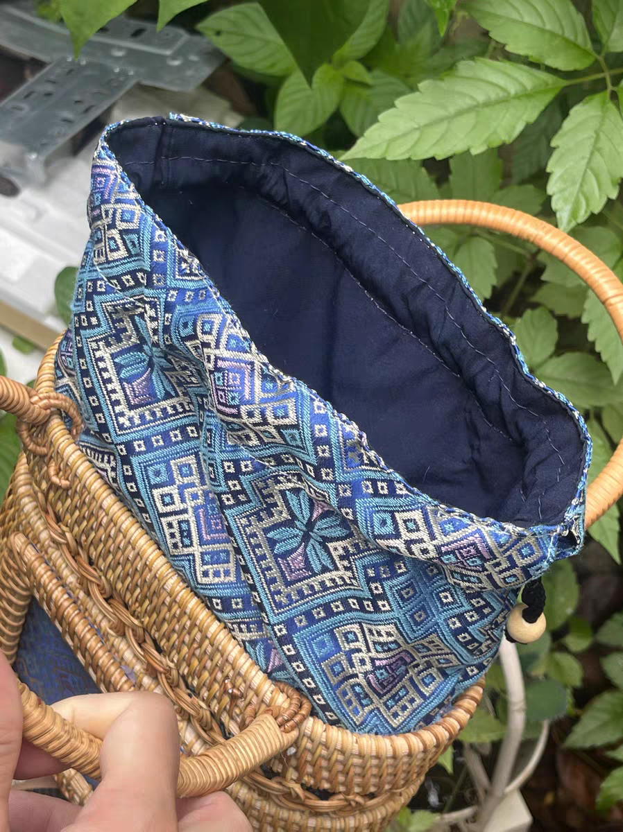 Handmade Rattan & Zhuang Brocade Tote Bag | Artisan-Crafted Ethnic Woven Shoulder Bag with Cultural Pattern