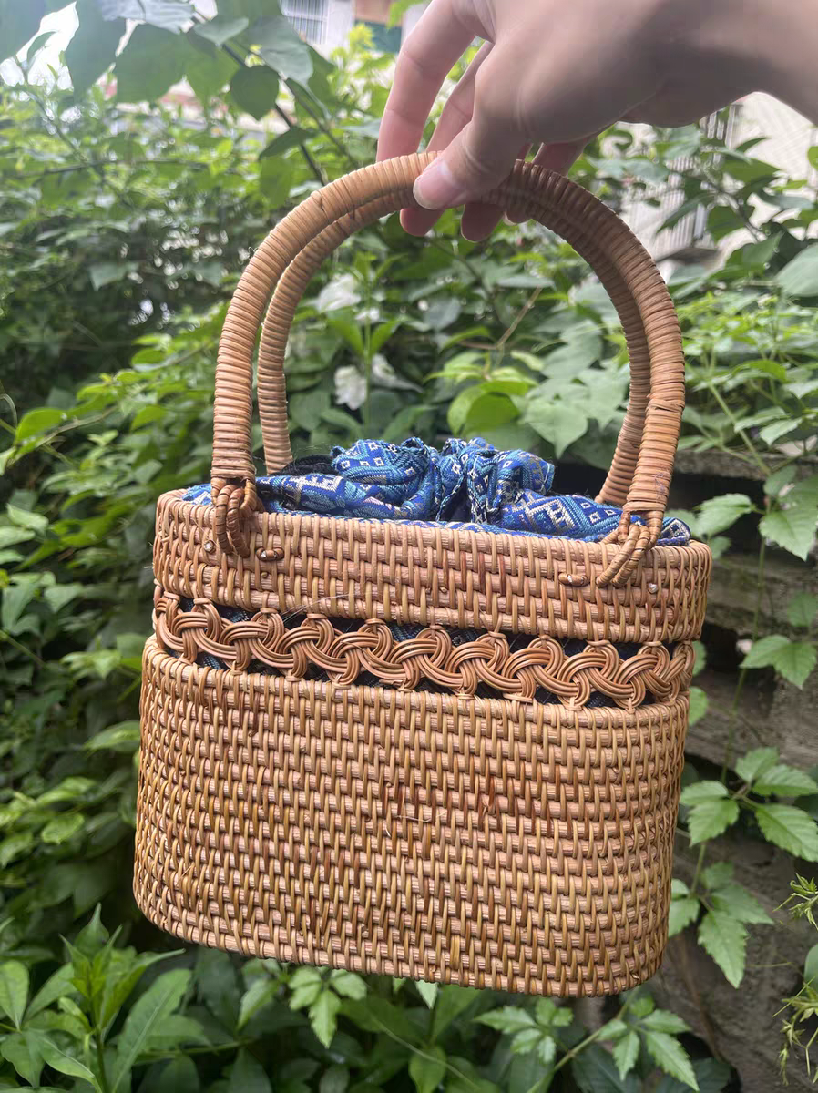 Handmade Rattan & Zhuang Brocade Tote Bag | Artisan-Crafted Ethnic Woven Shoulder Bag with Cultural Pattern