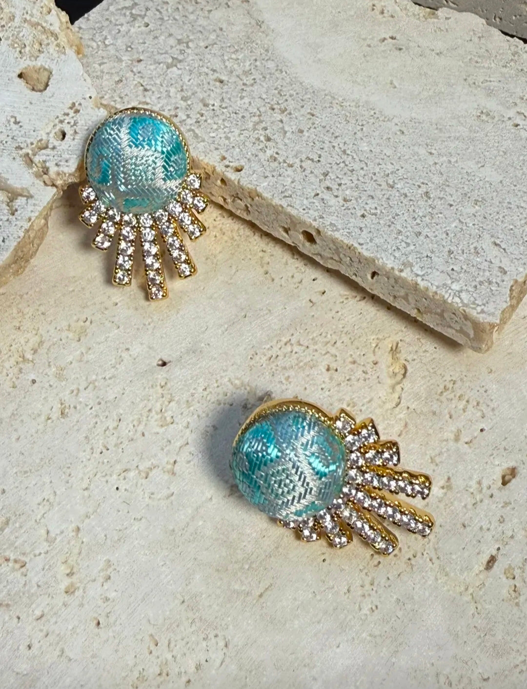 Handmade Zhuang Brocade Stud Earrings with Zircon Accents | Artisan-Crafted Ethnic Jewelry with Cultural Pattern