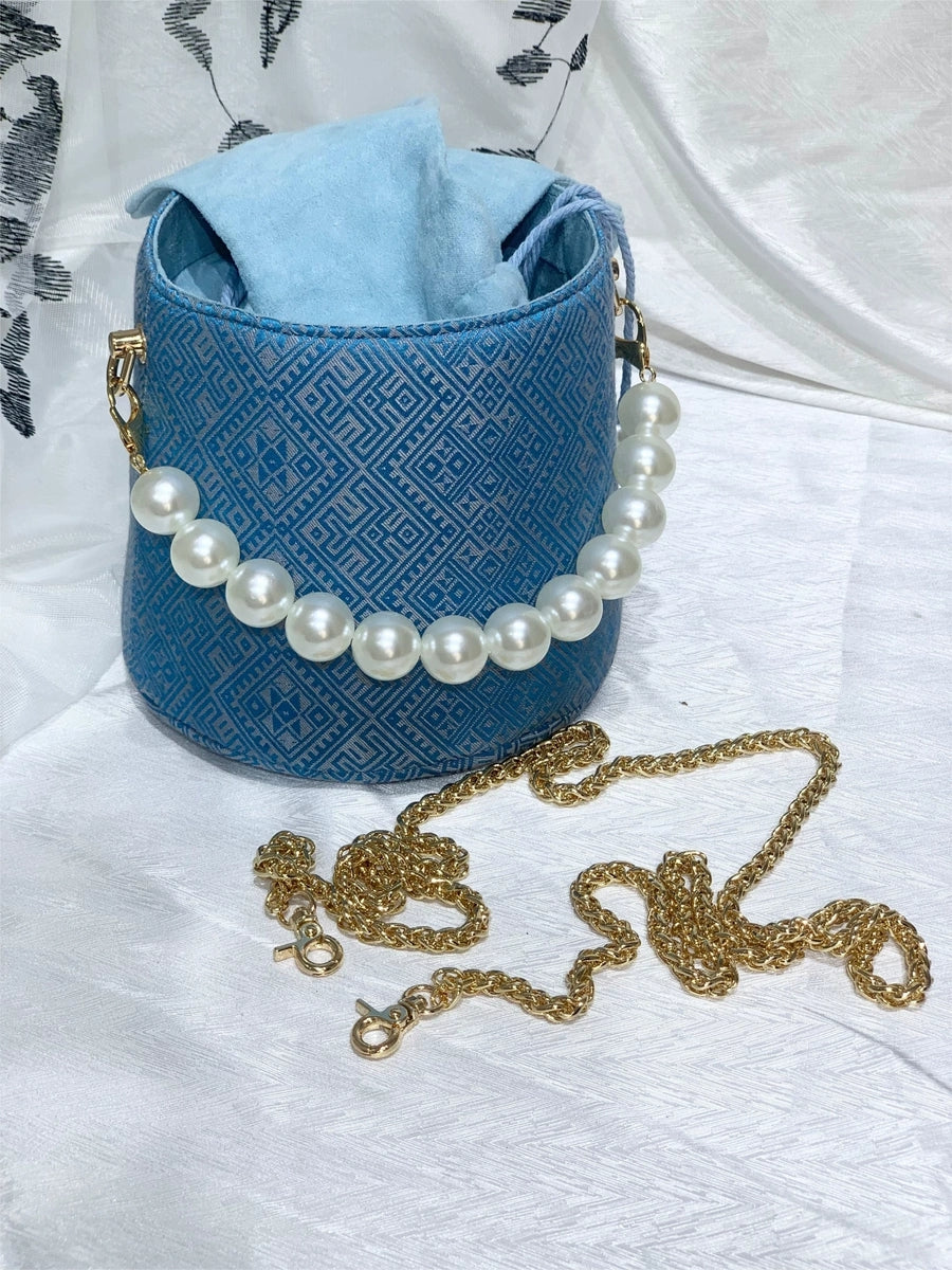 Handmade Zhuang Brocade Bunny-Ear Bucket Bag | Artisan-Crafted Ethnic Crossbody Bag with Pearl Accent