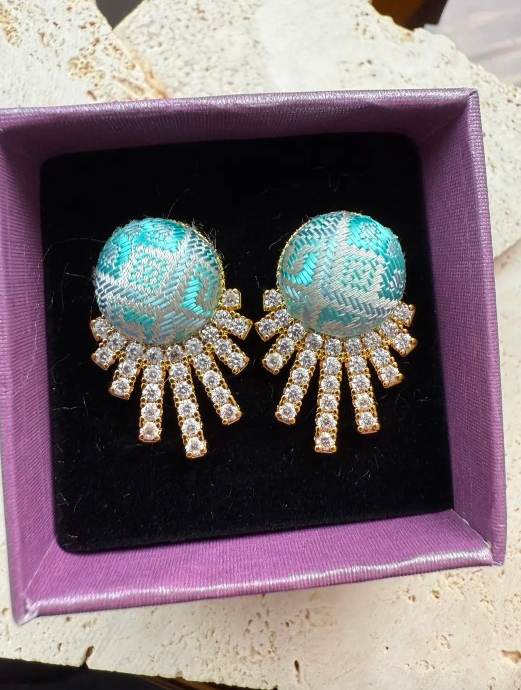Handmade Zhuang Brocade Stud Earrings with Zircon Accents | Artisan-Crafted Ethnic Jewelry with Cultural Pattern