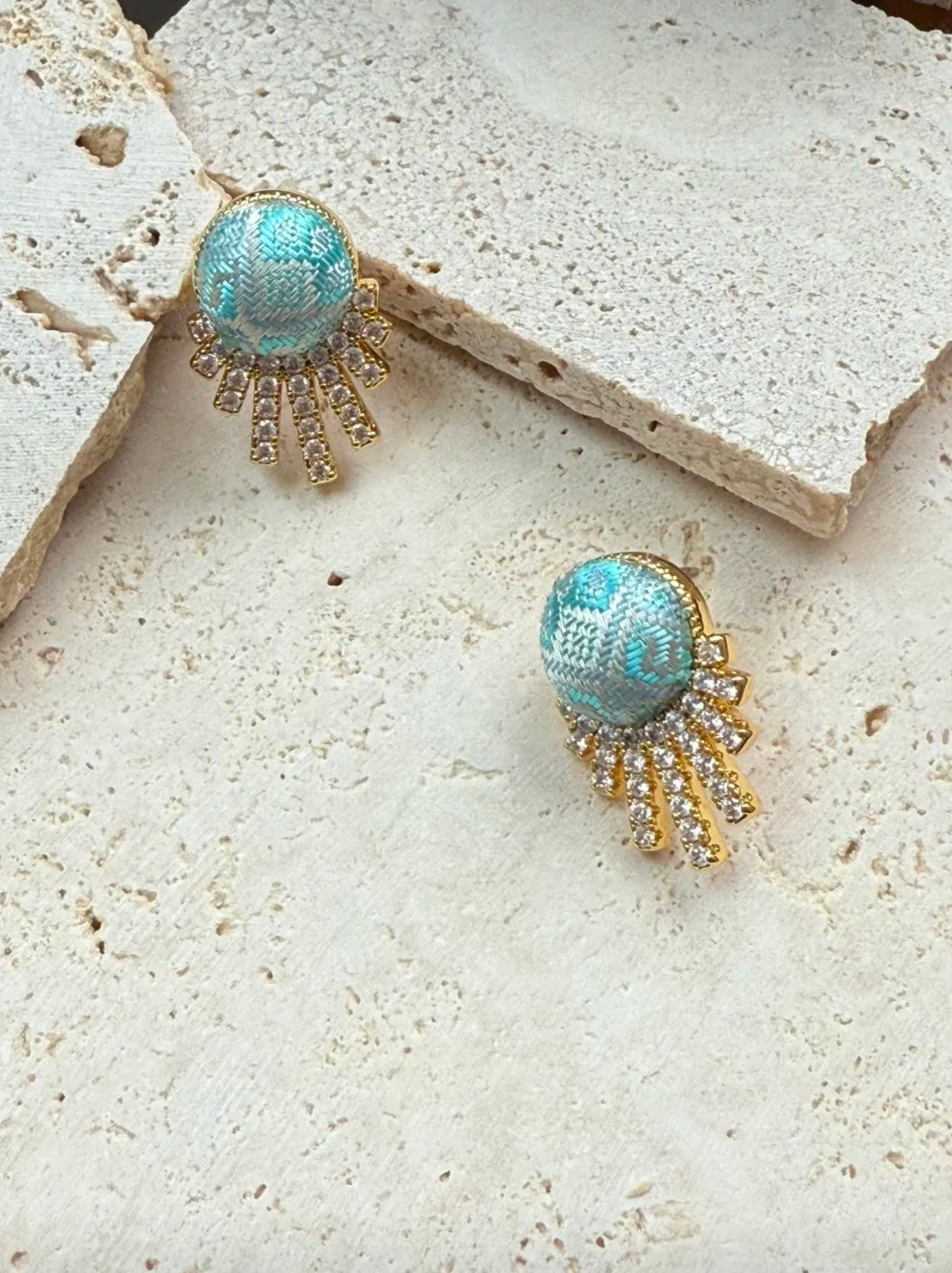 Handmade Zhuang Brocade Stud Earrings with Zircon Accents | Artisan-Crafted Ethnic Jewelry with Cultural Pattern