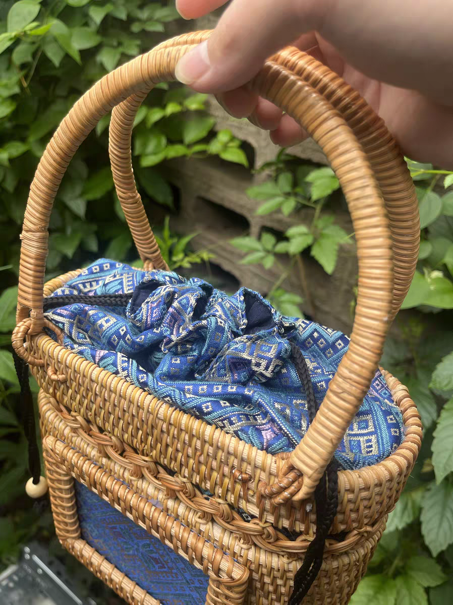 Handmade Rattan & Zhuang Brocade Tote Bag | Artisan-Crafted Ethnic Woven Shoulder Bag with Cultural Pattern