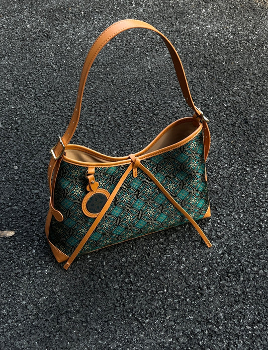 Handmade Zhuang Brocade Handbag with Songcaiwen Pattern | Ethnic Artisan Crafted Tote Bag for Women