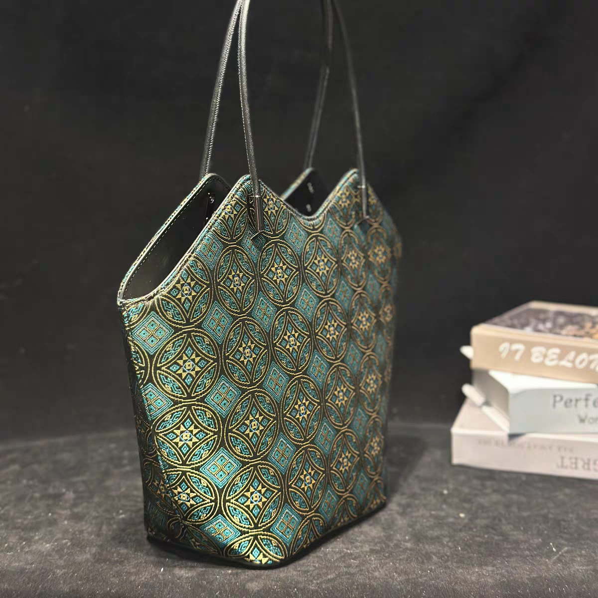 Handmade Zhuang Brocade Geometric Tote Bag | Artisan-Crafted Ethnic Shoulder Bag with Teal & Gold Pattern