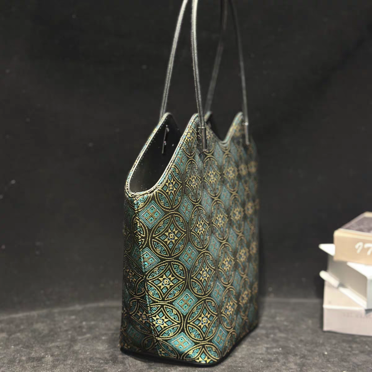 Handmade Zhuang Brocade Geometric Tote Bag | Artisan-Crafted Ethnic Shoulder Bag with Teal & Gold Pattern