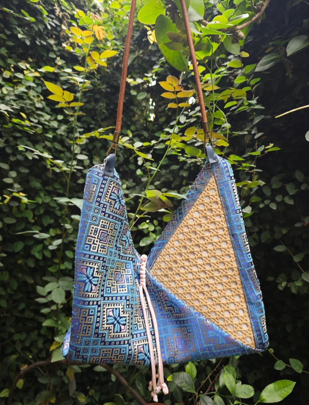 Zhuang Brocade Butterfly Crossbody Bag - Handmade Eco-Friendly Rattan & Satin Bag | Unique Ethnic Sustainable Accessory